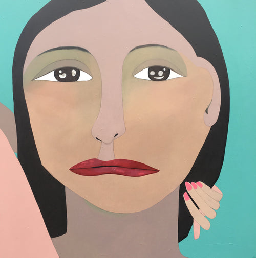 Mirror — a close-cropped portrait of a woman with long black hair against a turquoise ground, one hand raised to her cheek