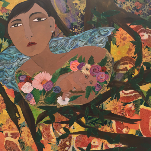 Beauquet — a woman with blue-grey wings holding a sleeping infant in a garland of flowers, surrounded by branches, sunflowers and pomegranates
