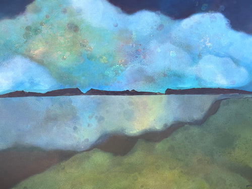 Synth 1 — a low dark headland between a turquoise cloudbank and a still olive-green expanse of water